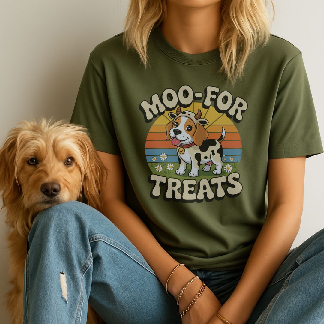 Military Green Gildan 6400 unisex t-shirt with retro dog graphic and ‘Moo For Treats’ text, perfect for dog lovers.