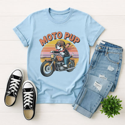 Light Blue Gildan 6400 unisex t-shirt with retro dog graphic and ‘Moto Pup text, perfect for dog lovers.