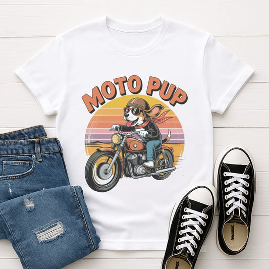 White Gildan 6400 unisex t-shirt with retro dog graphic and ‘Moto Pup text, perfect for dog lovers.