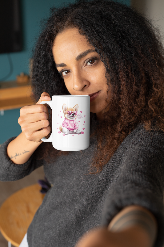 Corgi Pet Cartoon Mug - Cute Dog Lover Gift with Pink Hearts & Glasses - Funny Corgi Coffee Mug - Perfect Gift for Dog Moms & Dads