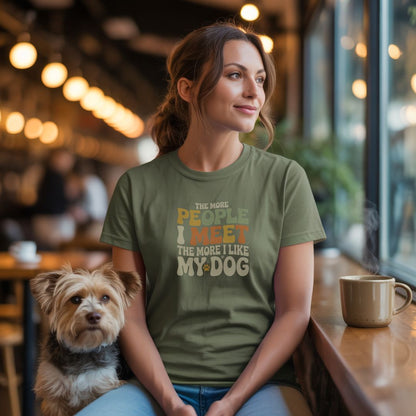 Military Green unisex t-shirt with retro dog graphic and ‘The More People I Meet The More I Like My Dog’ text, perfect for dog lovers.
