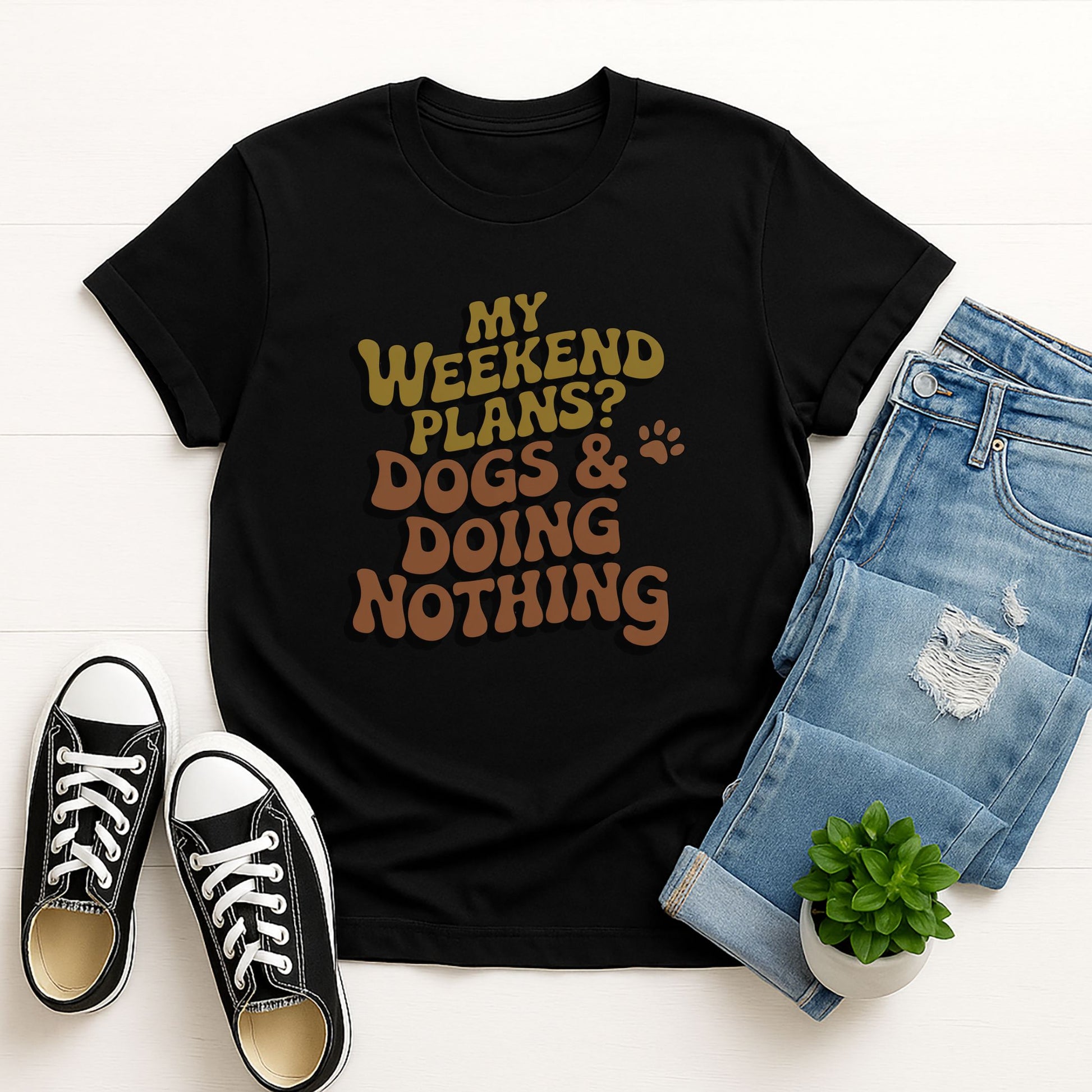Black Gildan 6400 unisex t-shirt with retro dog graphic and ‘My Weekend Plans? Dogs & Doing Nothing’ text, perfect for dog lovers.
