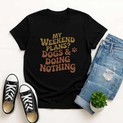 Black Gildan 6400 unisex t-shirt with retro dog graphic and ‘My Weekend Plans? Dogs & Doing Nothing’ text, perfect for dog lovers.