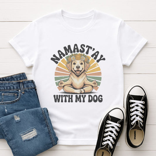 White Gildan 6400 unisex t-shirt with retro dog graphic and ‘Namast'ay With My Dog text, perfect for dog lovers.