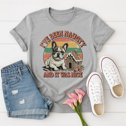 Sport Gray Gildan 6400 unisex t-shirt with retro dog graphic and ‘I've Been Naughty And It Was Nice' text, perfect for dog lovers.
