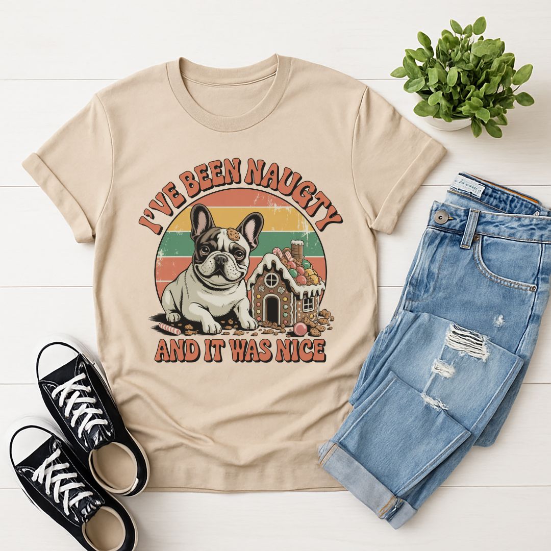 Sand Beige Gildan 6400 unisex t-shirt with retro dog graphic and ‘I've Been Naughty And It Was Nice' text, perfect for dog lovers.