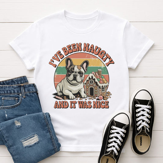 White Gildan 6400 unisex t-shirt with retro dog graphic and ‘I've Been Naughty And It Was Nice' text, perfect for dog lovers.