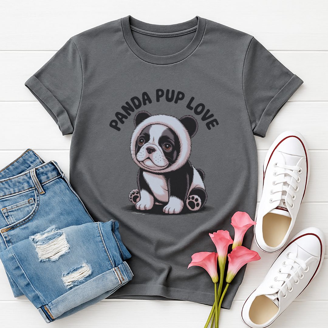Charcoal Gray Gildan 6400 unisex t-shirt with retro dog graphic and ‘PANDA PUP LOVE’ text, perfect for dog lovers.