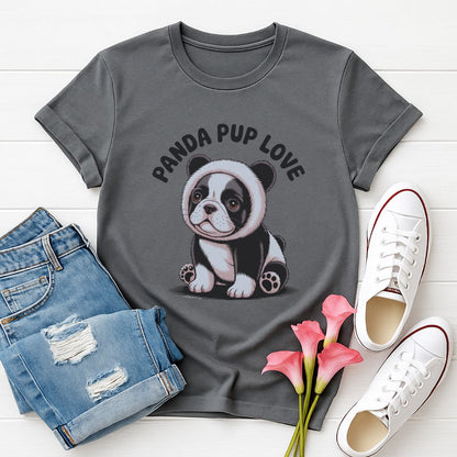 Charcoal Gray Gildan 6400 unisex t-shirt with retro dog graphic and ‘PANDA PUP LOVE’ text, perfect for dog lovers.