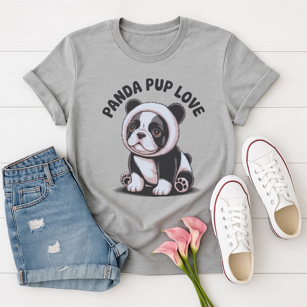 Sport Gray Gildan 6400 unisex t-shirt with retro dog graphic and ‘PANDA PUP LOVE’ text, perfect for dog lovers.