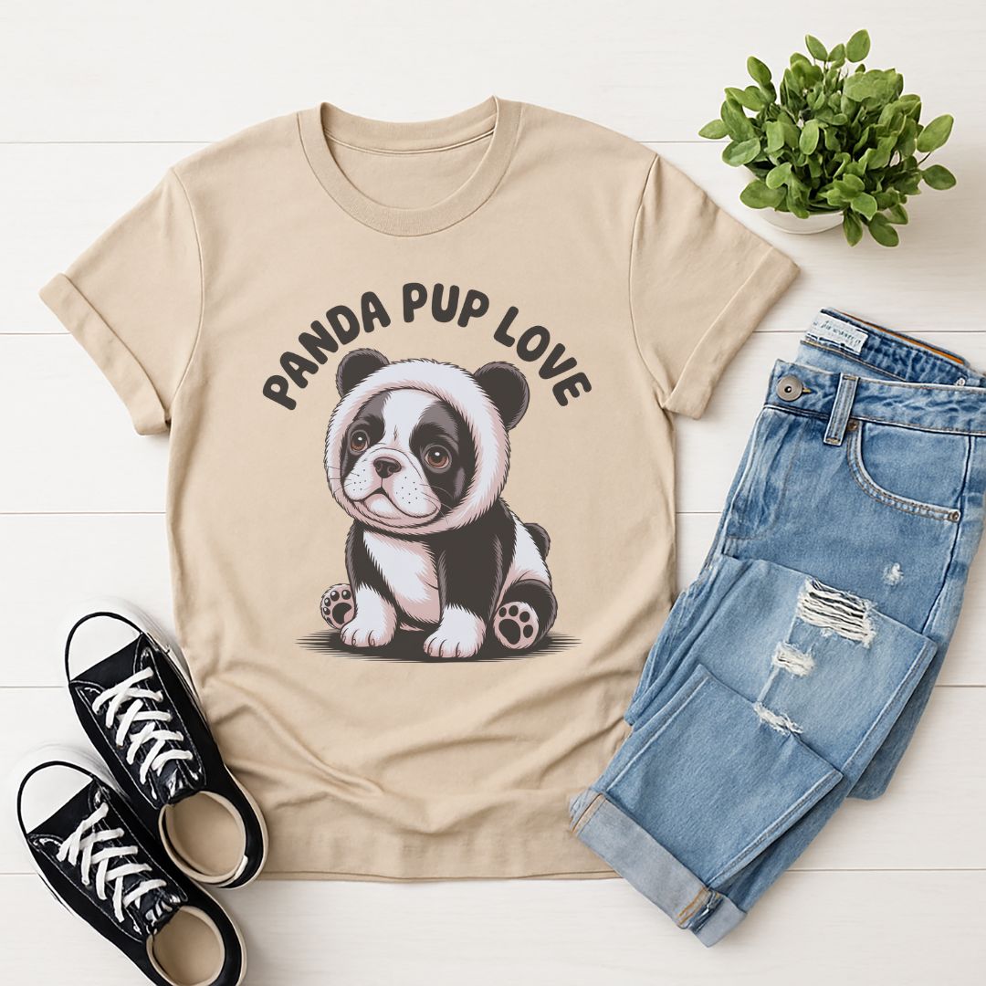 Sand Beige Gildan 6400 unisex t-shirt with retro dog graphic and ‘PANDA PUP LOVE’ text, perfect for dog lovers.