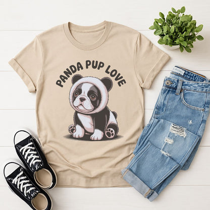Sand Beige Gildan 6400 unisex t-shirt with retro dog graphic and ‘PANDA PUP LOVE’ text, perfect for dog lovers.