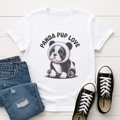 White Gildan 6400 unisex t-shirt with retro dog graphic and ‘PANDA PUP LOVE’ text, perfect for dog lovers.