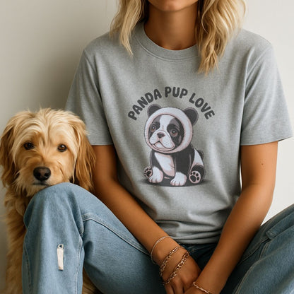Sport Gray unisex t-shirt with retro dog graphic and ‘PANDA PUP LOVE’ text, perfect for dog lovers.