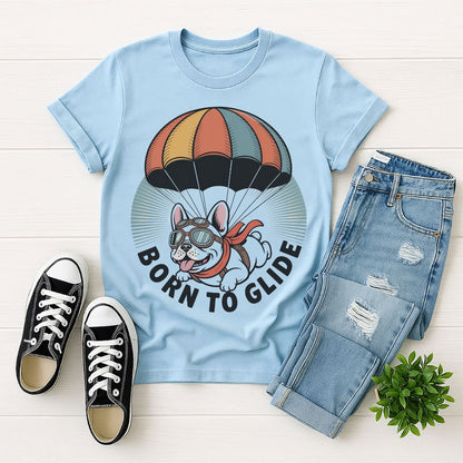 Light blue Gildan 6400 unisex t-shirt with retro dog graphic and ‘Born To Glide.’ text, perfect for dog lovers.