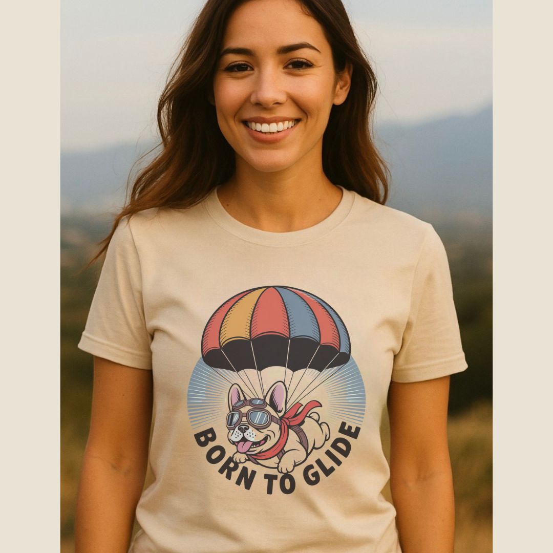 Unisex t-shirt with retro dog graphic and ‘Born To Glide.’ text, perfect for dog lovers.