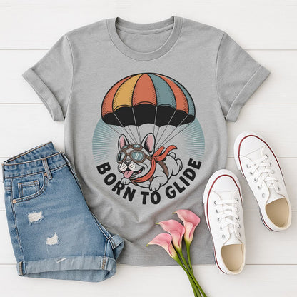 Sport Gray Gildan 6400 unisex t-shirt with retro dog graphic and ‘Born To Glide.’ text, perfect for dog lovers.