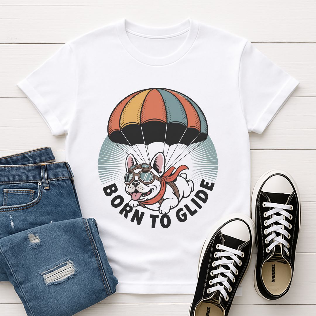 White Gildan 6400 unisex t-shirt with retro dog graphic and ‘Born To Glide.’ text, perfect for dog lovers.