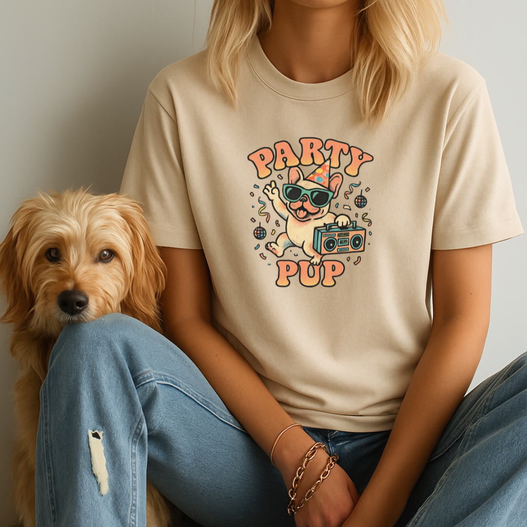 Sand Beige Gildan 6400 unisex t-shirt with retro dog graphic and ‘Party Pup’ text, perfect for dog lovers.