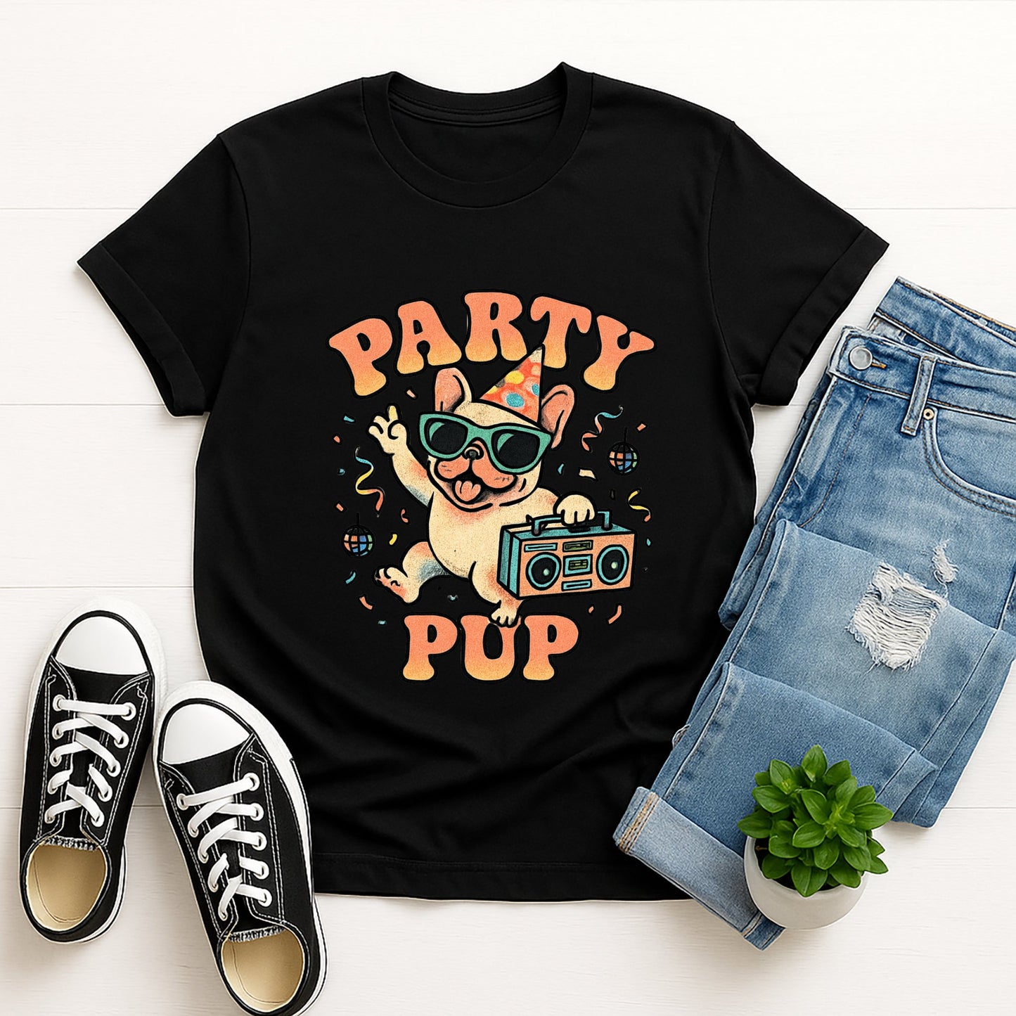 Black Gildan 6400 unisex t-shirt with retro dog graphic and ‘Party Pup’ text, perfect for dog lovers.