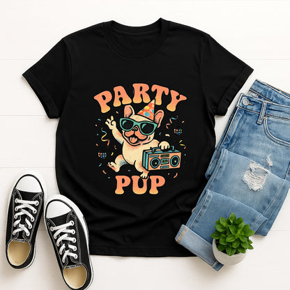 Black Gildan 6400 unisex t-shirt with retro dog graphic and ‘Party Pup’ text, perfect for dog lovers.