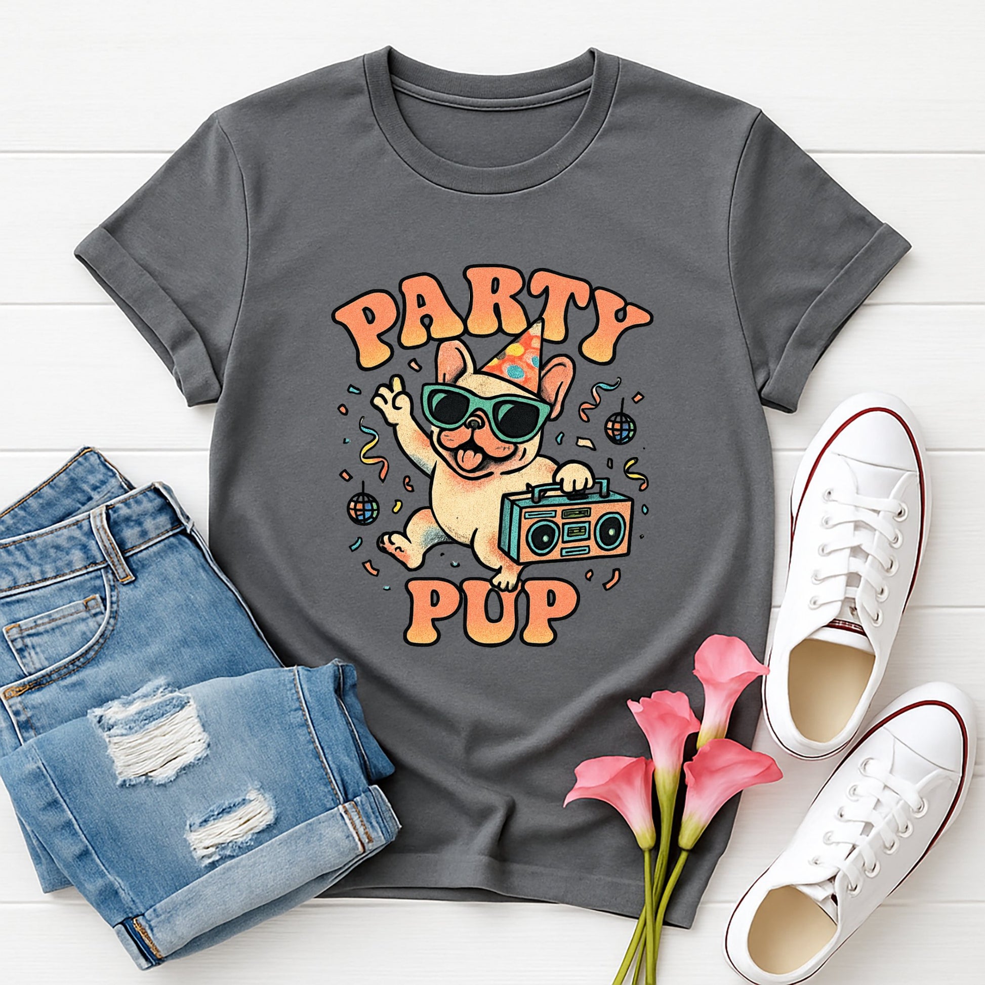 Charcoal Gray Gildan 6400 unisex t-shirt with retro dog graphic and ‘Party Pup’ text, perfect for dog lovers.