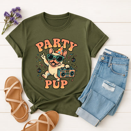 Military Green Gildan 6400 unisex t-shirt with retro dog graphic and ‘Party Pup’ text, perfect for dog lovers.