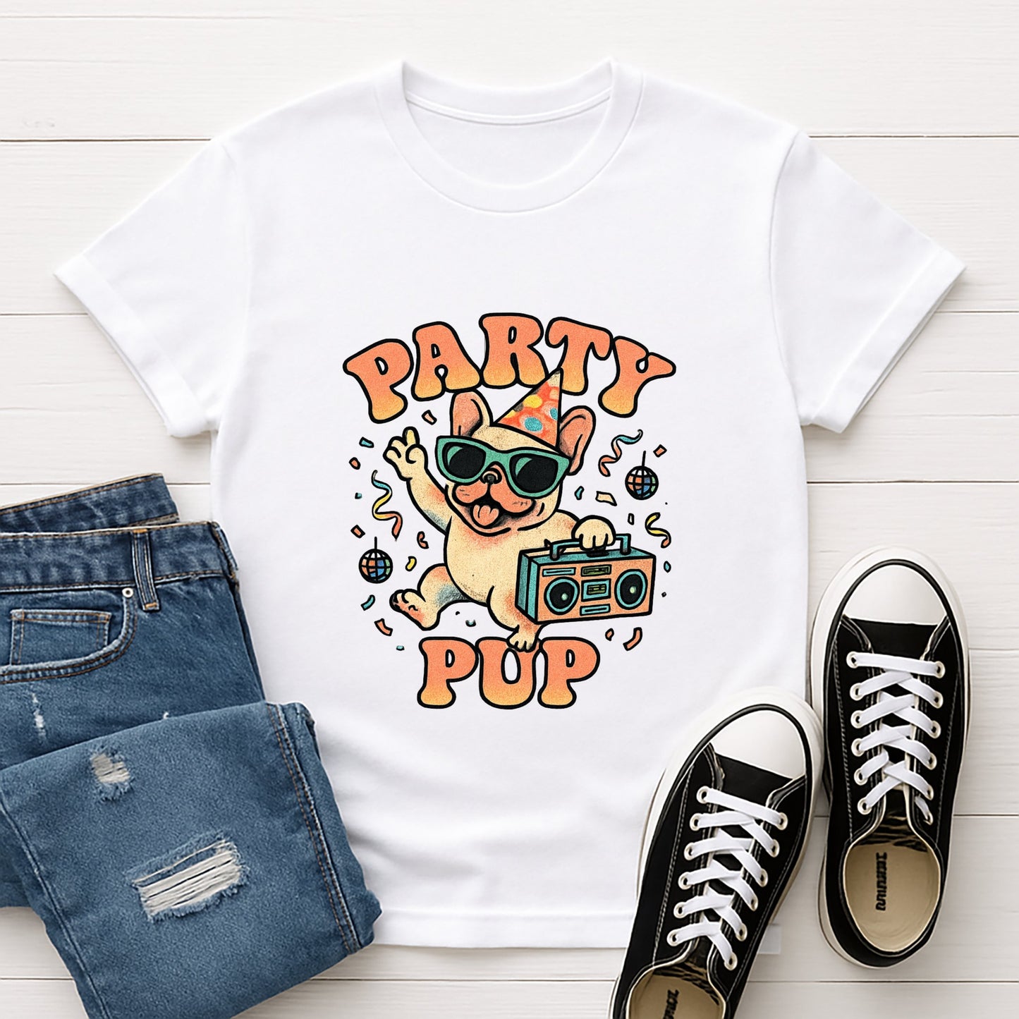 White Gildan 6400 unisex t-shirt with retro dog graphic and ‘Party Pup’ text, perfect for dog lovers.
