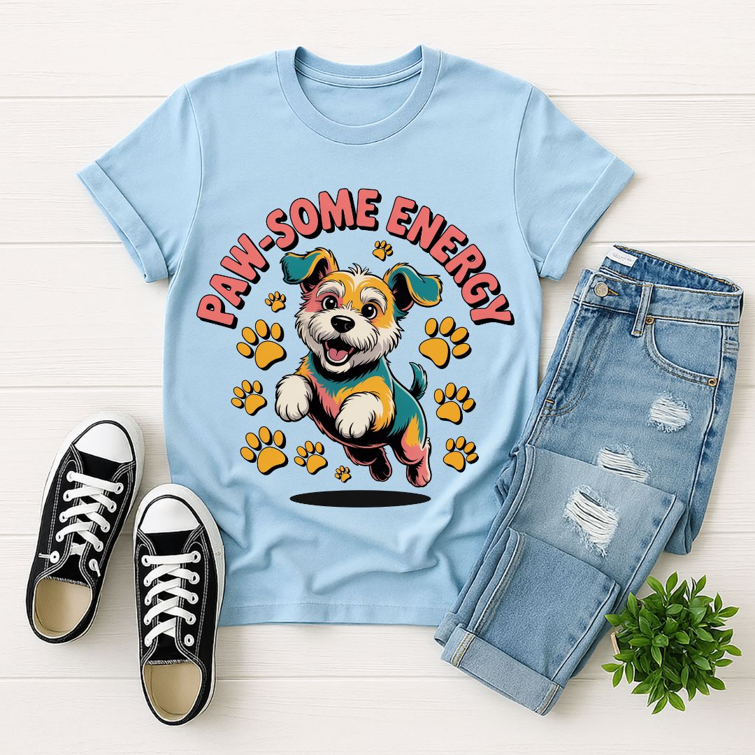 Light Blue Gildan 6400 unisex t-shirt with retro dog graphic and ‘Paw-some Energy’ text, perfect for dog lovers.