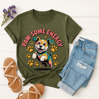 Military Green Gildan 6400 unisex t-shirt with retro dog graphic and ‘Paw-some Energy’ text, perfect for dog lovers.