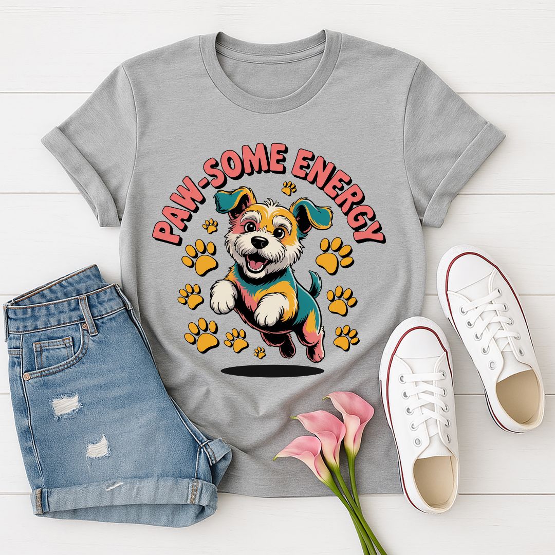 Sport Gray Gildan 6400 unisex t-shirt with retro dog graphic and ‘Paw-some Energy’ text, perfect for dog lovers.