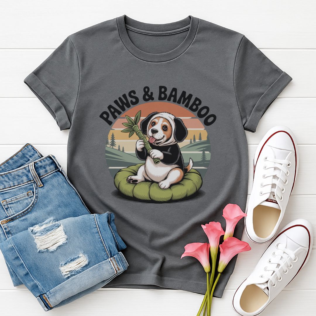 Charcoal Gray Gildan 6400 unisex t-shirt with retro dog graphic and ‘Paws & Bamboo’ text, perfect for dog lovers.