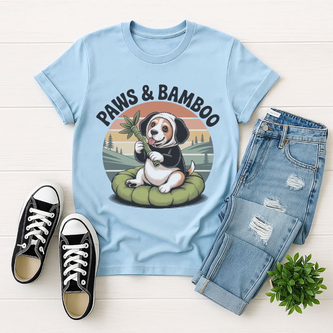 Light Blue Gildan 6400 unisex t-shirt with retro dog graphic and ‘Paws & Bamboo’ text, perfect for dog lovers.
