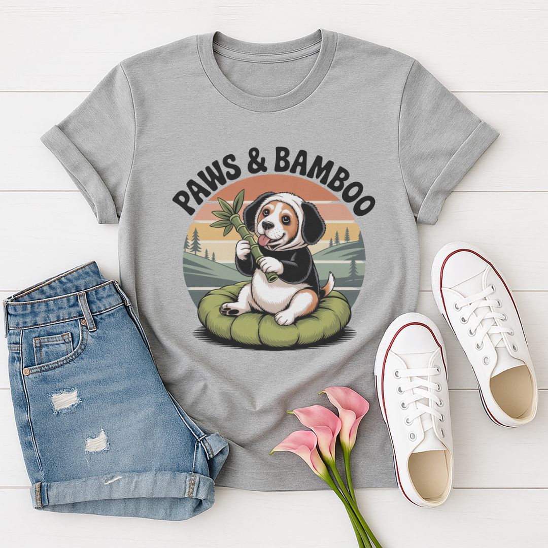 Sport Gray Gildan 6400 unisex t-shirt with retro dog graphic and ‘Paws & Bamboo’ text, perfect for dog lovers.