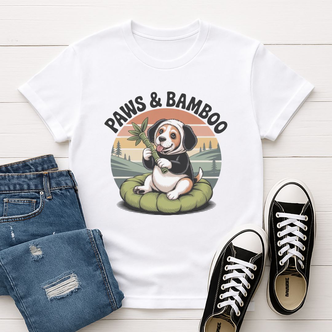 White Gildan 6400 unisex t-shirt with retro dog graphic and ‘Paws & Bamboo’ text, perfect for dog lovers.