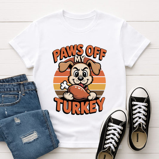 White Gildan 6400 unisex t-shirt with retro dog graphic and ‘Paws Off My Turkey’ text, perfect for dog lovers.