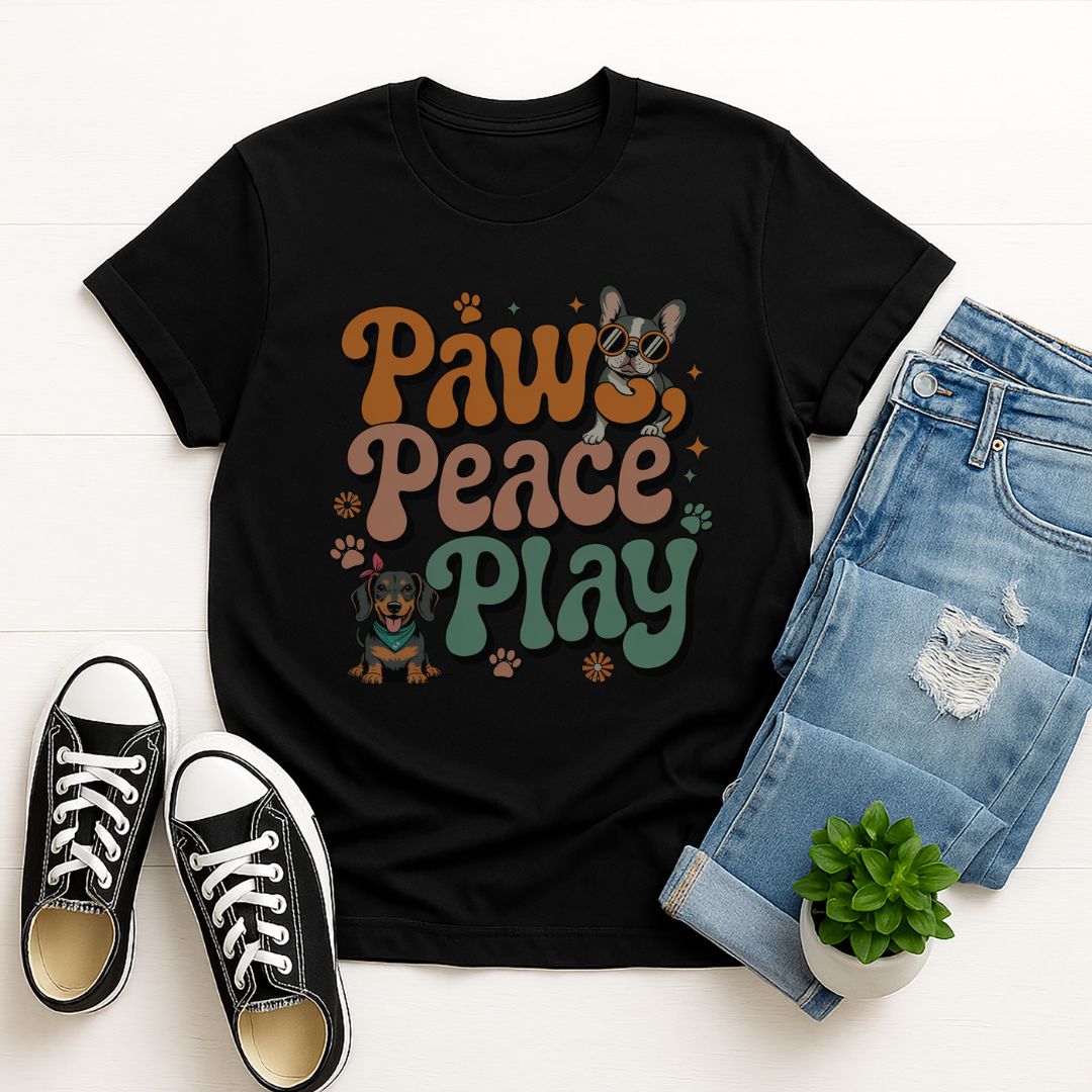 Black Gildan 6400 unisex t-shirt with retro dog graphic and ‘Paws, Peace, Play' text, perfect for dog lovers.