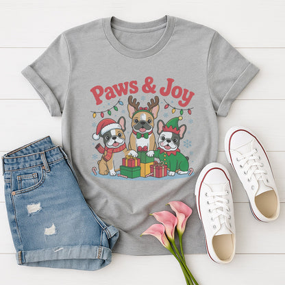 Sport Gray Gildan 6400 unisex t-shirt with retro dog graphic and ‘Paws & Joy’ text, perfect for dog lovers.