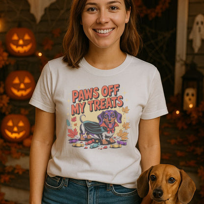 Unisex t-shirt with retro dog graphic and ‘Paws Off My Treats’ text, perfect for dog lovers.