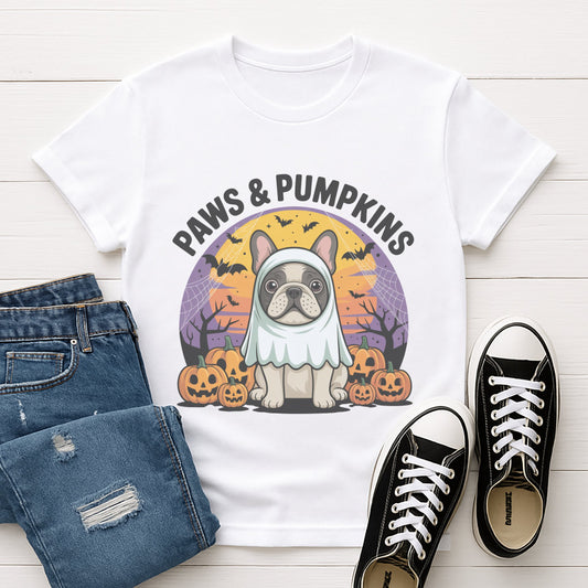 White Gildan 6400 unisex t-shirt with retro dog graphic and ‘Paws & Pumpkins.’ text, perfect for dog lovers.