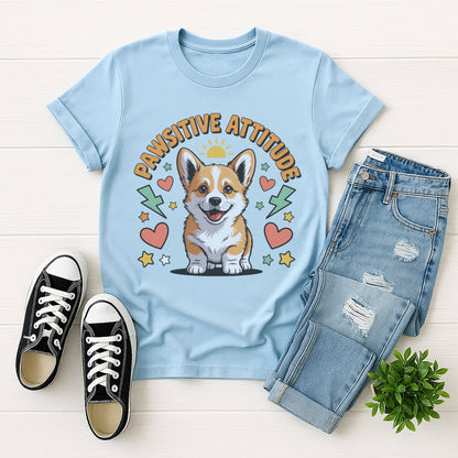Light Blue Gildan 6400 unisex t-shirt with retro dog graphic and ‘Pawsitive Attitude’ text, perfect for dog lovers.