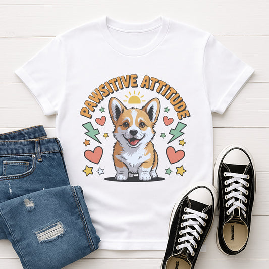 White Gildan 6400 unisex t-shirt with retro dog graphic and ‘Pawsitive Attitude’ text, perfect for dog lovers.