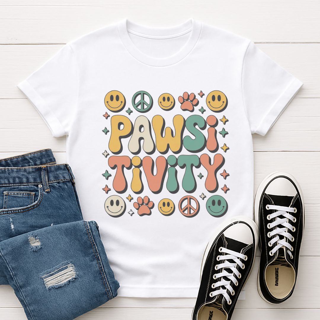 White Gildan 6400 unisex t-shirt with retro dog graphic and ‘Pawsitivity' text, perfect for dog lovers.