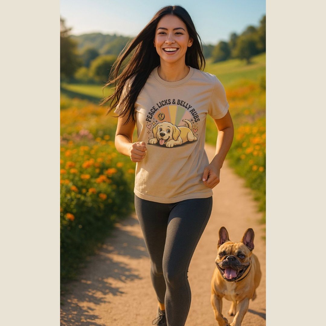 Sand unisex t-shirt with retro dog graphic and ‘Peace, Licks & Belly Rubs’ text, perfect for dog lovers.