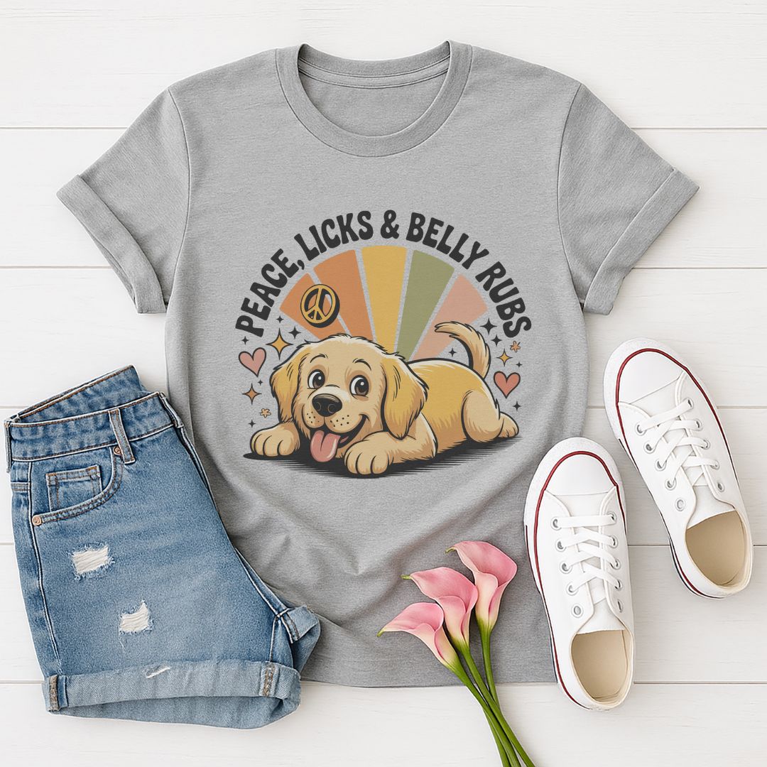 Sport Gray Gildan 6400 unisex t-shirt with retro dog graphic and ‘Peace, Licks & Belly Rubs’ text, perfect for dog lovers.