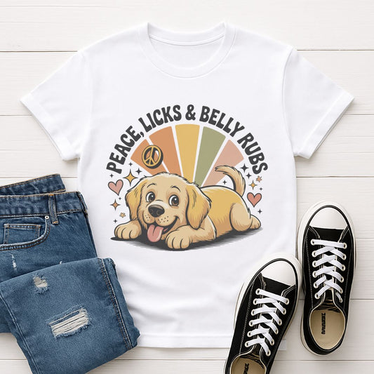 White Gildan 6400 unisex t-shirt with retro dog graphic and ‘Peace, Licks & Belly Rubs’ text, perfect for dog lovers.