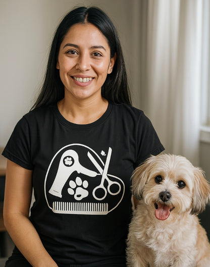 Woman wearing a black t-shirt with a dog grooming logo, sitting next to a small dog.