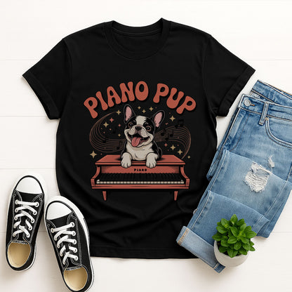 Black Gildan 6400 unisex t-shirt with retro dog graphic and ‘Piano Pup' text, perfect for dog lovers.