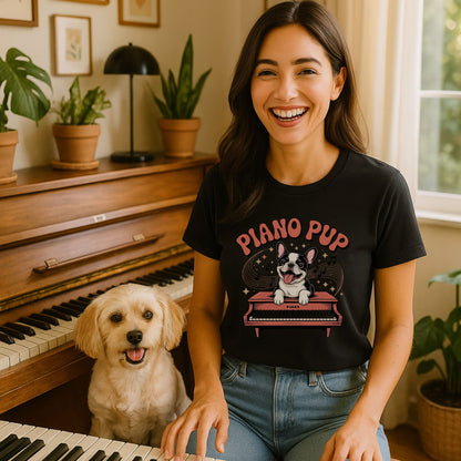 Black unisex t-shirt with retro dog graphic and ‘Piano Pup' text, perfect for dog lovers.