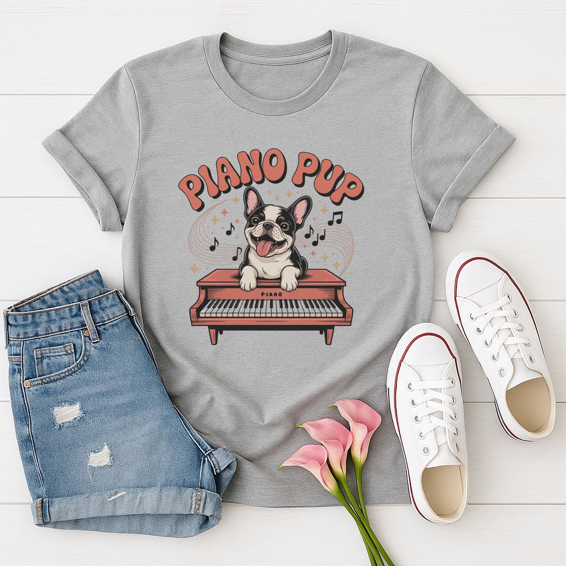 Sport Gray Gildan 6400 unisex t-shirt with retro dog graphic and ‘Piano Pup' text, perfect for dog lovers.